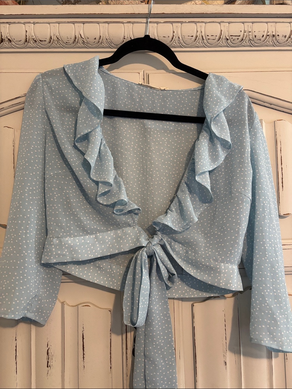 Light Blue Polka Dot Ruffle Tie-Front Top